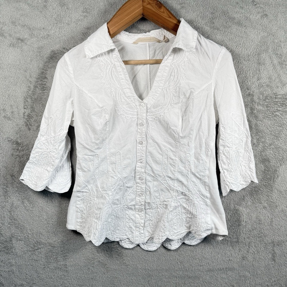 Soft Surroundings Ivory Embroidered Button Up Blouse 3/4 Sleeve Small 2DK26
